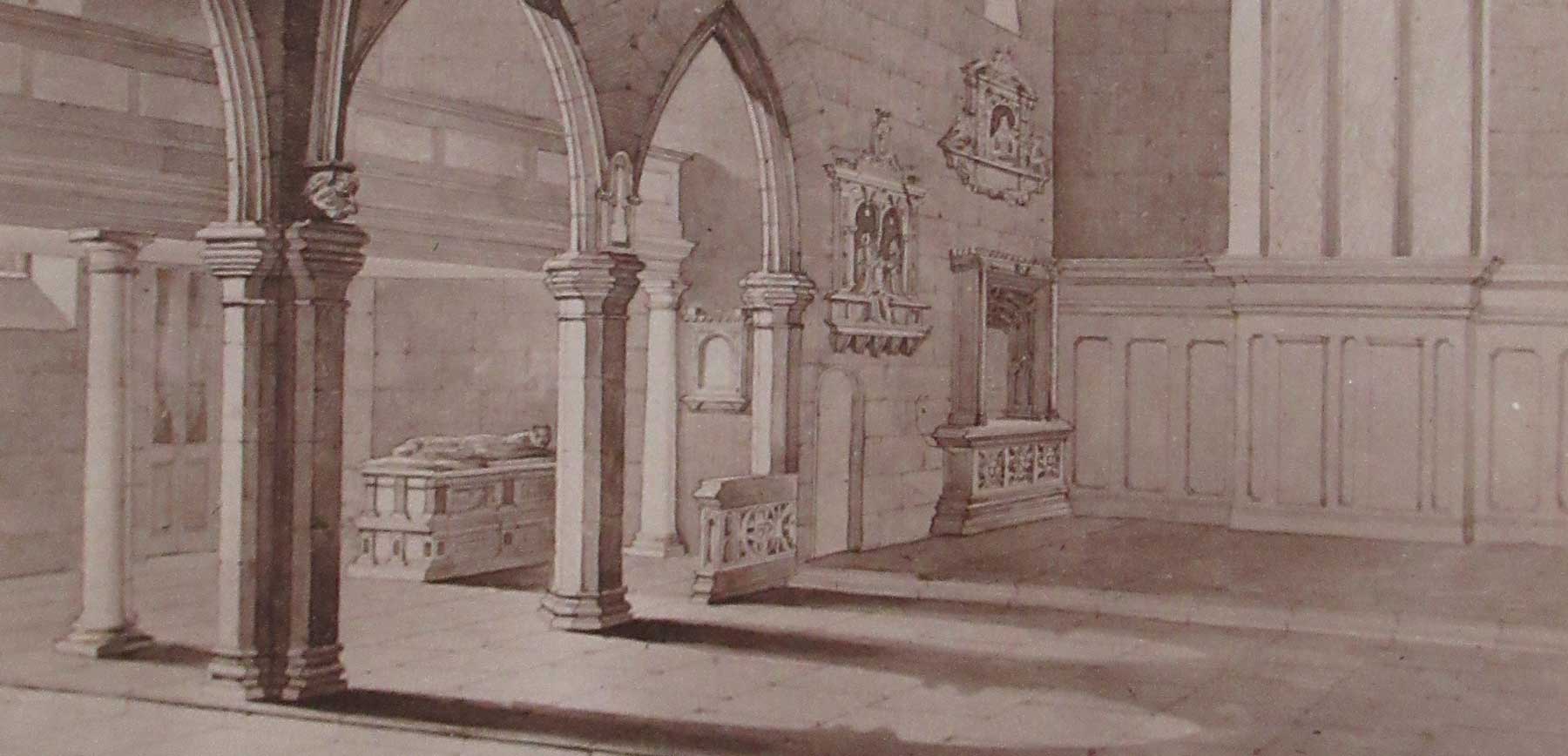 The interior of St John at Hackney Church, showing Christopher Urswick's tomb. 
