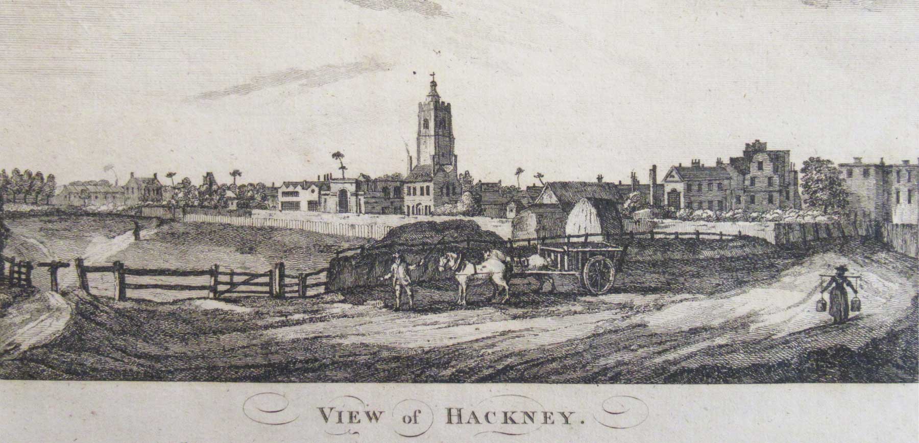 A 1755 engraving of Hackney, from the north. 