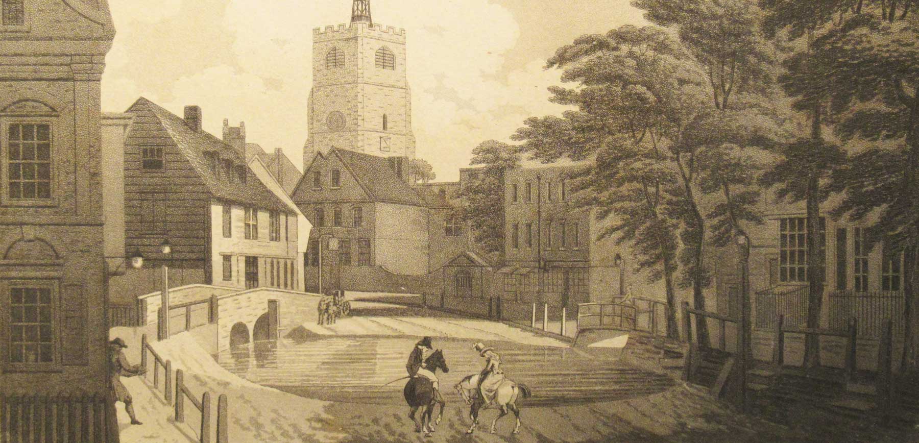 A 1791 engraving of Hackney Church from Mare Street. 