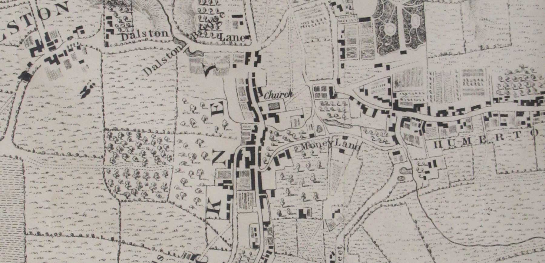 An early map of Hackney, with Hackney Church at its centre. 