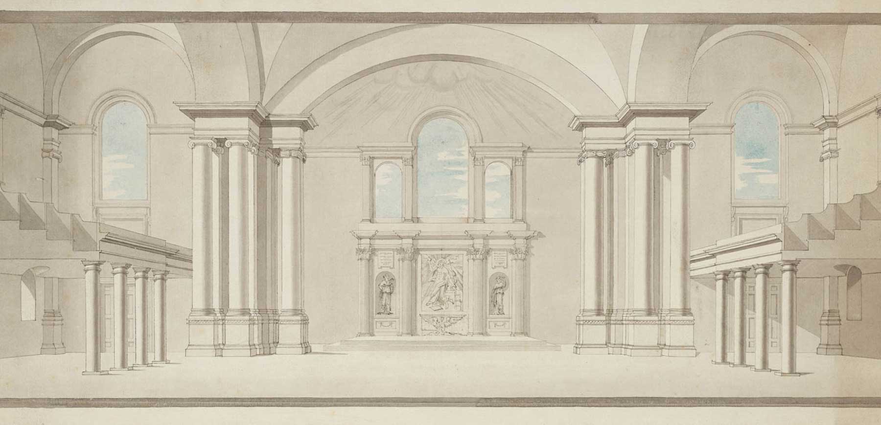 An early view of James Spiller's design for the interior of the new Hackney Church, showing the nave much as it looks today.