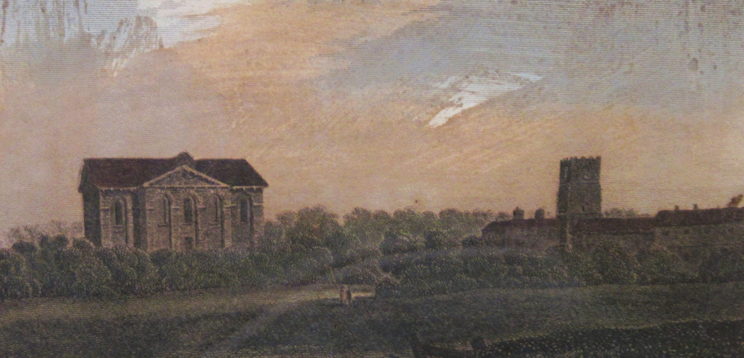 An 1812 view of St Augustine's tower and the new Hackney Church, before the addition of it's own bell tower. 