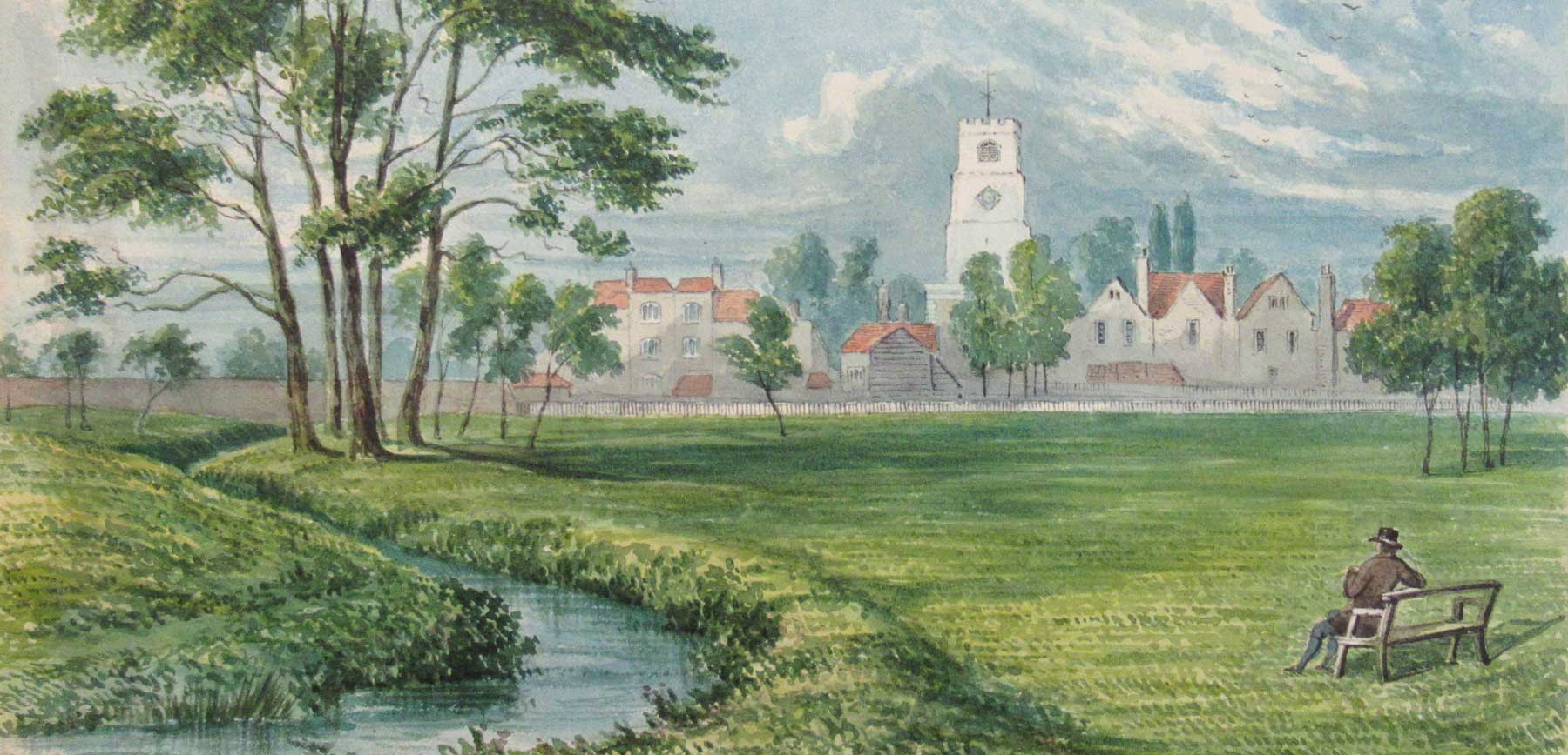 An 1856 watercolour of the old St John at Hackney Church painted from across Hackney Downs, by C.H. Matthews. Courtesy of the V & A Museum