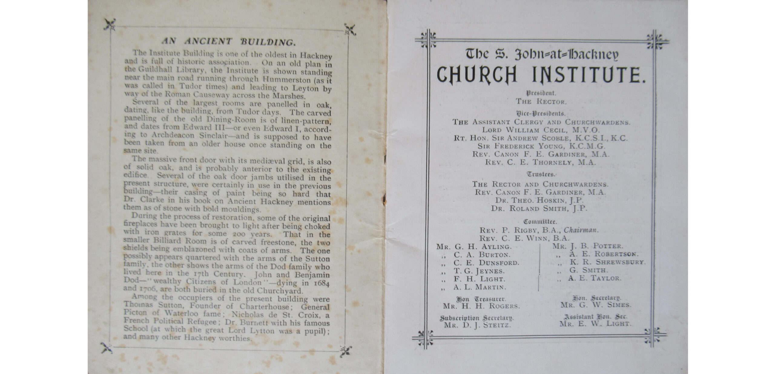 Two pages of the rules pamphlet for the St John at Hackney Church Institute. 